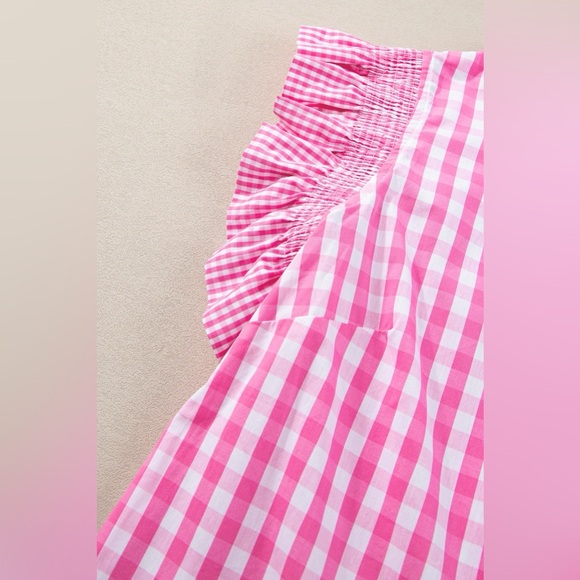 Ruffled Plaid Mock Neck Cap Sleeve Blouse - Picture 5 of 11